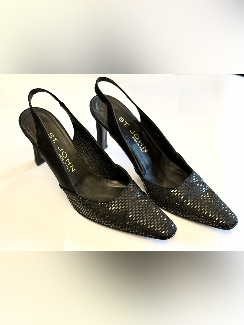 St. John Black Leather Sequin Sling-back high heel shoes, made in Italy Size 7.5